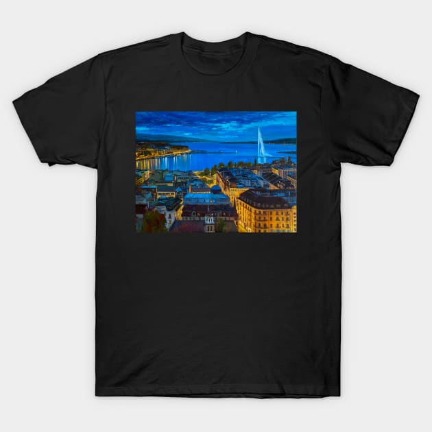 Rooftop Geneva by Night | T-Shirt by Art Shop Geneva